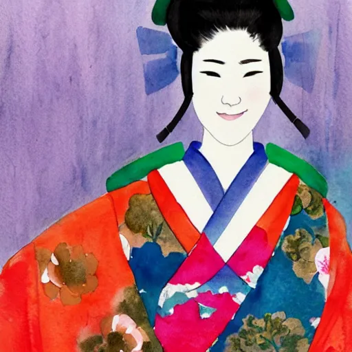 Image similar to watercolor painting of a beautiful japanese girl wearing a kimono and smiling, holding a samurai sword,