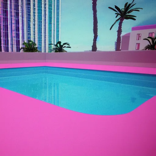 Prompt: vaporwave swimming pool with nobody, pinkish color