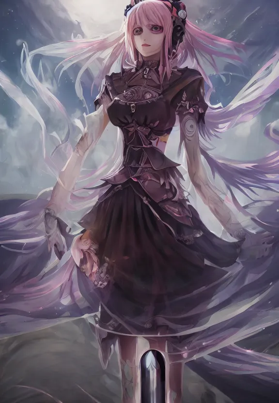 Prompt: mad necromancer anime girl walking through tunder lands of infinite geometry, floating obelisks, oil painting, symmetrical, rule of three, detailed body, full body, detailed face, ultradetailed digital illustration, 8 k, epic atmosphere, digital art by simon cowell and rachel walpole