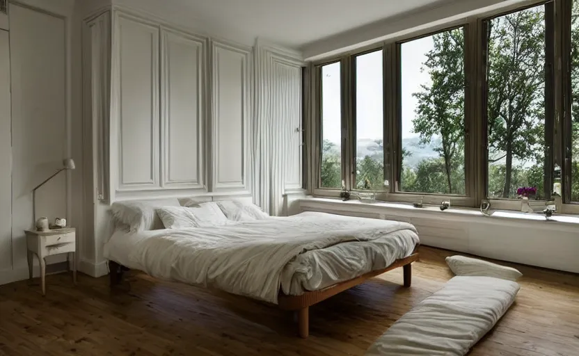 Image similar to art deco elegant bedroom interior, white, beige, slate, bed, walnut wood, bright, retro chic, minimalistic, swedish design, cupboards, giant windows with a view on green lush trees, sunset