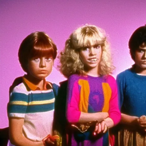 Prompt: still from 1983 live-action children's tv show about a girl who enters an eyeball cult color