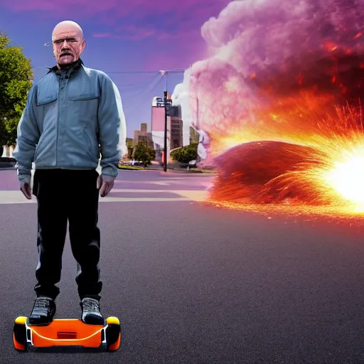 Image similar to Walter White standing on a hoverboard with an exploding building behind him, HDR, 8k,