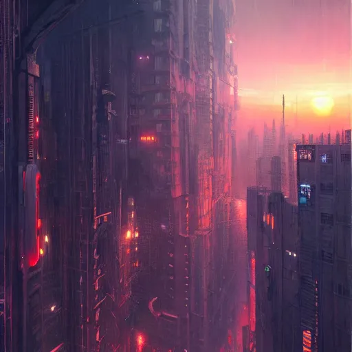 Image similar to cyberpunk city, sunset, gorgeous view, depth, painted by seb mckinnon, high detail, digital art, painted by greg rutkowski, trending on artstation