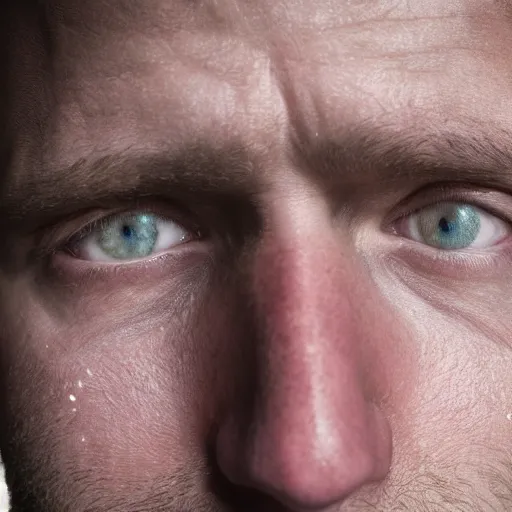 Prompt: oversaturated close up photograph of a sweaty man who has just woken up to a light shining in his face, wide fov, dark room, poor lighting