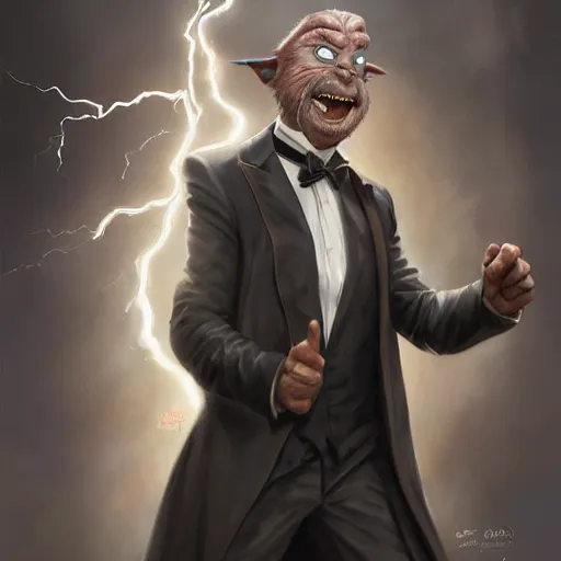 Image similar to portrait of a half ogre half man in a tuxedo, cinematic lightning, d & d, fantasy, highly detailed, digital painting, sharp focus, illustration, art by artgerm and greg rutkowski and magali villeneuve