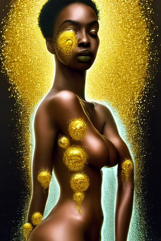 Prompt: hyperrealistic neo - surreal cinematic very beautiful! black oshun goddess with white! iris, in water, yoruba body paint, mirror dripping droplet!, gold flowers, highly detailed face, digital art masterpiece, smooth robert steven connett eric zener dramatic teal light, ground angle uhd 8 k, sharp focus