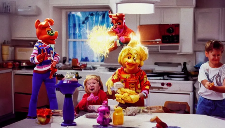 Image similar to 1 9 9 0 s candid 3 5 mm photo of a beautiful day in the family kitchen, cinematic lighting, cinematic look, golden hour, an absurd costumed mascot from the jimbles the super pony showing the kids how to build time machine, the kids are hungry but jimbles is showing them how to make a time machine to time travel, uhd