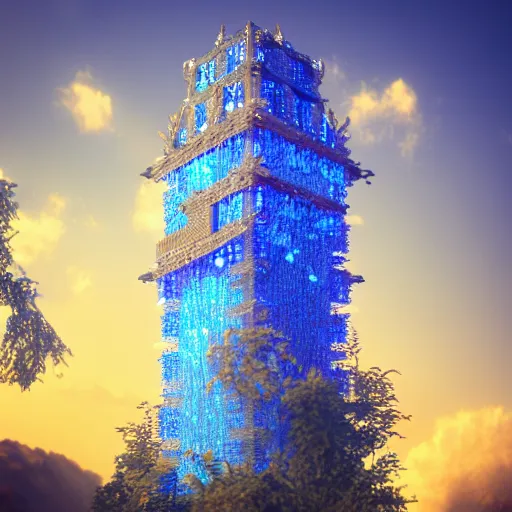 Image similar to Render of a beautiful tower made of gigantic pieces of radiant blue crystal, golden hour, serene, hyperdetailed, trending on Artstation, Unreal Engine 4k