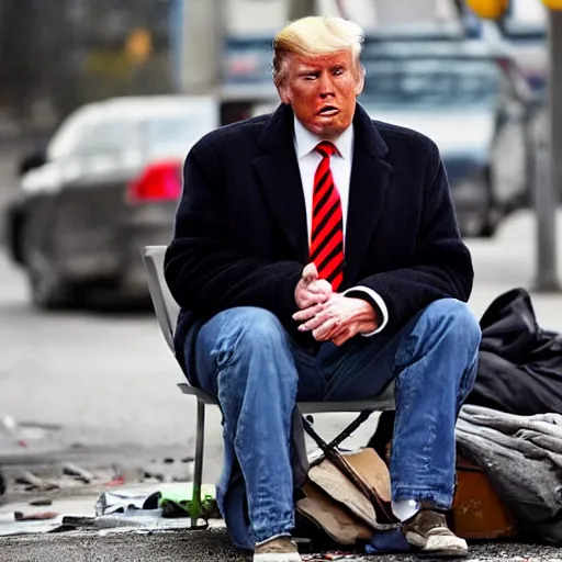 Image similar to donald trump dressed as a homeless man living in the slums