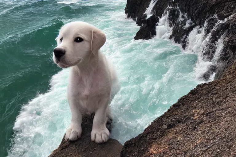 Image similar to a puppy is looking directly at the extreme water current below while it stands at an edge of a cliff