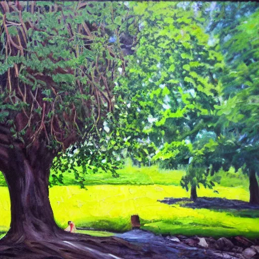 Prompt: a giant tree in the middle of a park, oil painting