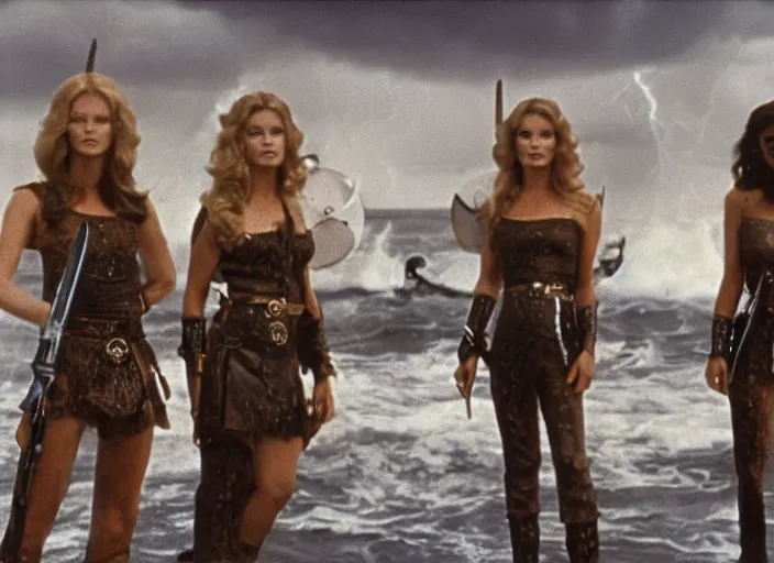 Prompt: film still charlie's angels ( 1 9 7 6 ) as a viking women with ray guns, glass helmets, rough seas in background, lightning storms, barbarella, water world, mad max, conan, anatomical correctly body, hyper - realistic, highly detailed, accurate, 8 k octane render, 2 8 mm, wide angle, rule of thirds