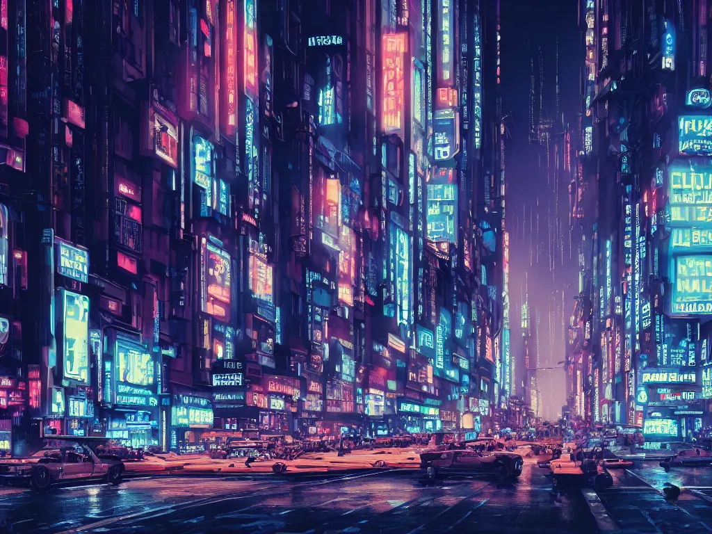 Prompt: hyperrealistic render of a busy city street at night, close up shot, art deco buildings, crowded, by hugh ferris, by john harris, classical architecture, blade runner, cyberpunk ads, cyberpunk signs, blue color scheme, fine detail, smooth, cinematic render, sharp focus, octane, 8 k resolution, cgsociety, trending on artstation