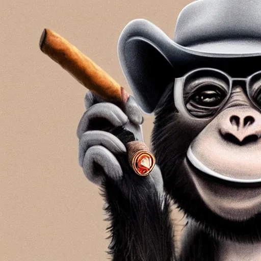 Image similar to a high detail closeup shot of a depressed monkey wearing a suit and smoking a cigar