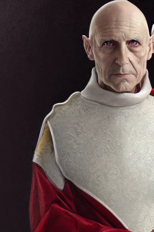 Prompt: a bald pale sorcerer in his late nineties. stately and dour in his expression. eyeliner accentuates his sunken eyes. a high black turtleneck covers his thin neck. opulent white golden red robe. white leather gloves with gold decoration, sharp focus, illustration, digital painting, art by magali villeneuve