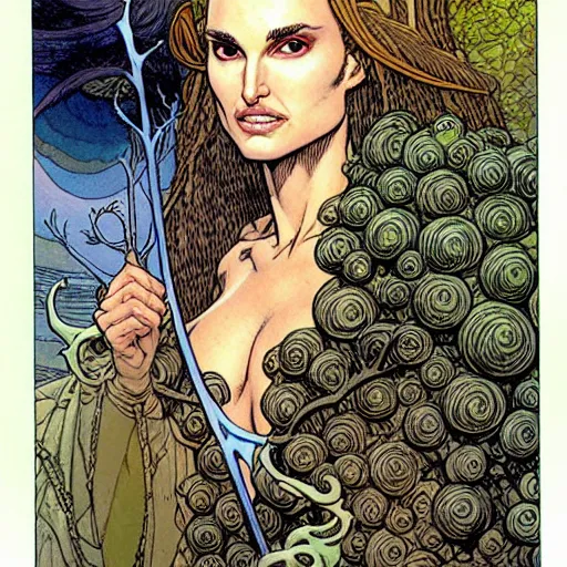 Prompt: a realistic portrait of natalie portman as a druidic wizard by rebecca guay, michael kaluta, charles vess and jean moebius giraud