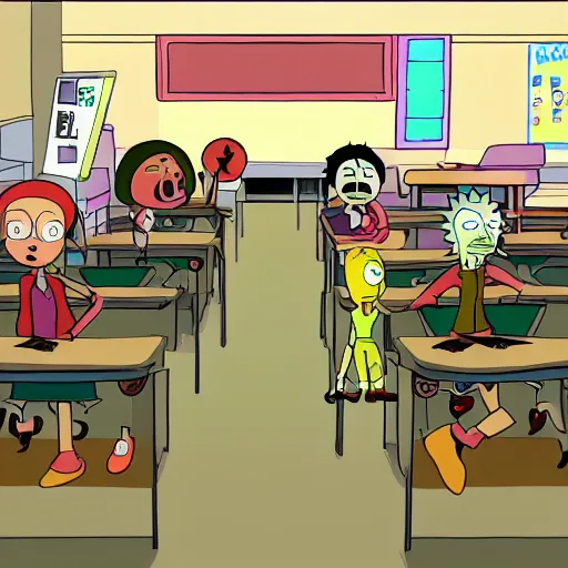 Image similar to school in silent hill, indoors, rick and morty