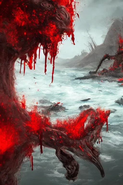 Image similar to bloody river in hell, trending on artstation