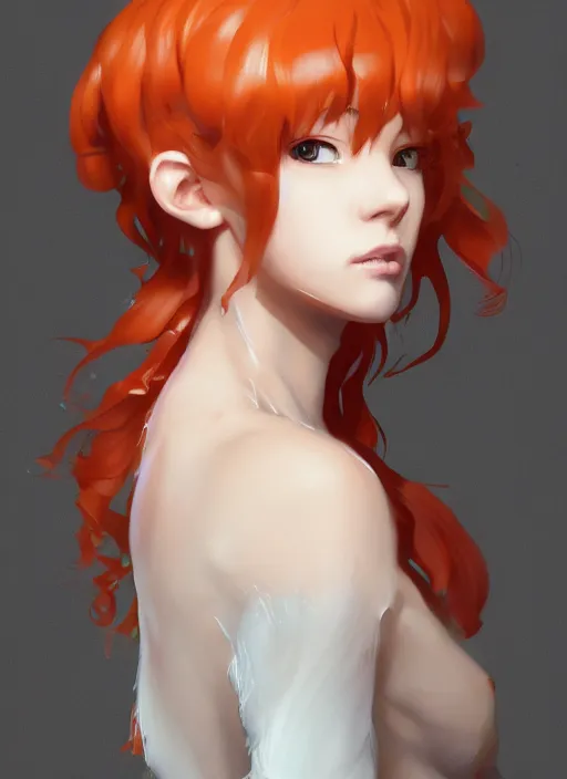 Image similar to biohazard portrait of curly orange hair girl anime digital, au naturel, hyper detailed, digital art, trending in artstation, cinematic lighting, studio quality, smooth render, unreal engine 5 rendered, octane rendered, art style by klimt and nixeu and ian sprigger and wlop and krenz cushart