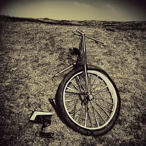 Image similar to Punctured bicycle on a hillside desolate