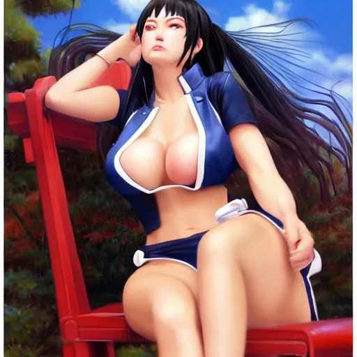 Prompt: 8K photorealistic Portrait of Nyotengu of DOA6 in HighSchool uniform, sitting on a chair, wide open wings, intricate, whole body, highly detailed, digital painting, artstation, concept art, smooth, sharp focus, illustration, art by Hajime Sorayama