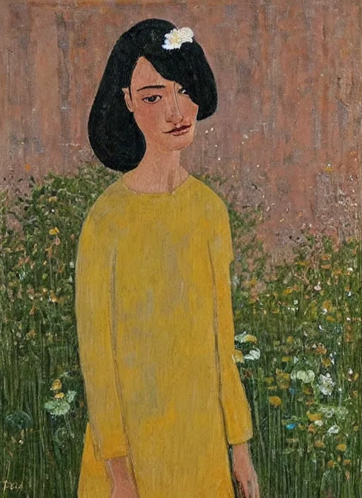 Image similar to a painted portrait of a confident women standing outside, art by felice casorati, aesthetically pleasing and harmonious natural colors, expressionism, natural light, fine day, portrait