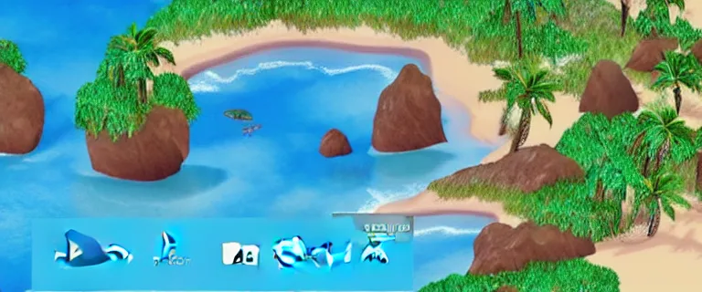 Prompt: A desert island paradise on Playstation 1 3D graphic, crystal clear sea, screenshot