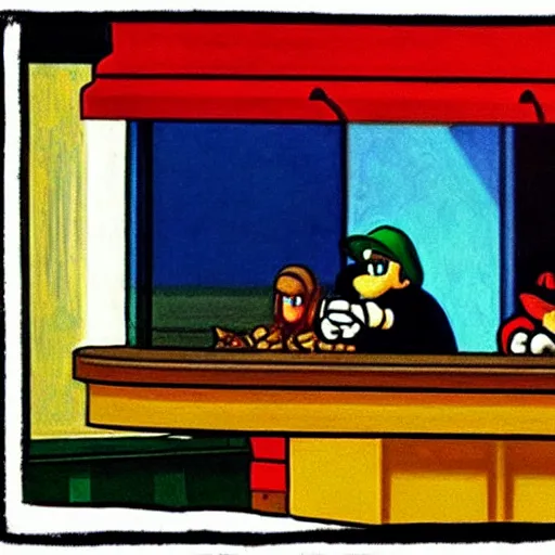 Image similar to nighthawks by hopper, but with super mario characters