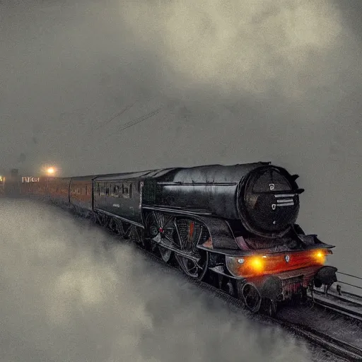 Image similar to a hyperdetailed photograph of the flying scotsman on the rails producing lots of black smoke in an old timey city, night, dense fog, rain, hd, 8 k resolution by greg rutowski, stanley artgerm, alphonse mucha