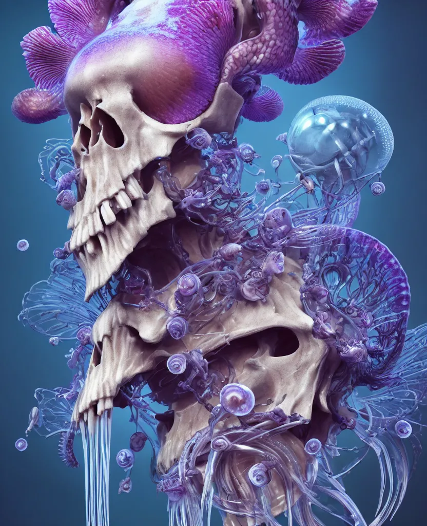 Image similar to goddess close-up portrait ram skull, thorax, x-ray, backbone, jellyfish phoenix head, nautilus, orchid, skull, betta fish, bioluminiscent creatures, intricate artwork by Tooth Wu and wlop and beeple. octane render, trending on artstation, greg rutkowski very coherent symmetrical artwork. cinematic, hyper realism, high detail, octane render, 8k