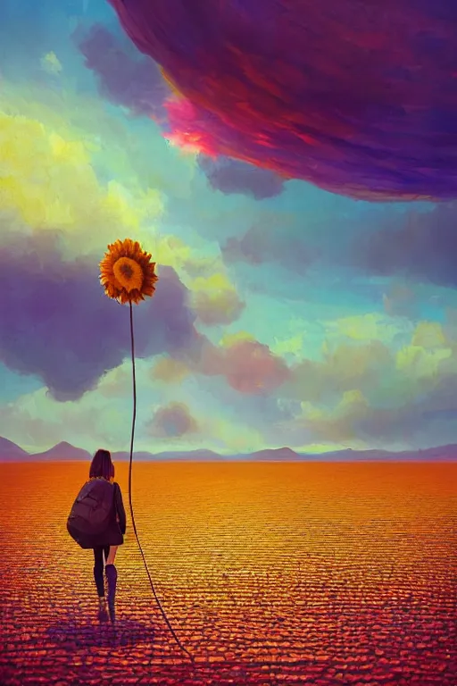 Image similar to giant daisy flower head, girl walking on salt flats mountains, surreal photography, sunrise, dramatic light, impressionist painting, colorful clouds, digital painting, artstation, simon stalenhag