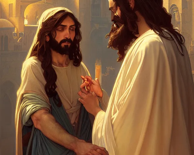 Image similar to photography of jesus coupling with a women in jerusalem, deep focus, intricate, elegant, highly detailed, digital painting, artstation, concept art, matte, sharp focus, illustration, art by artgerm and greg rutkowski and alphonse mucha