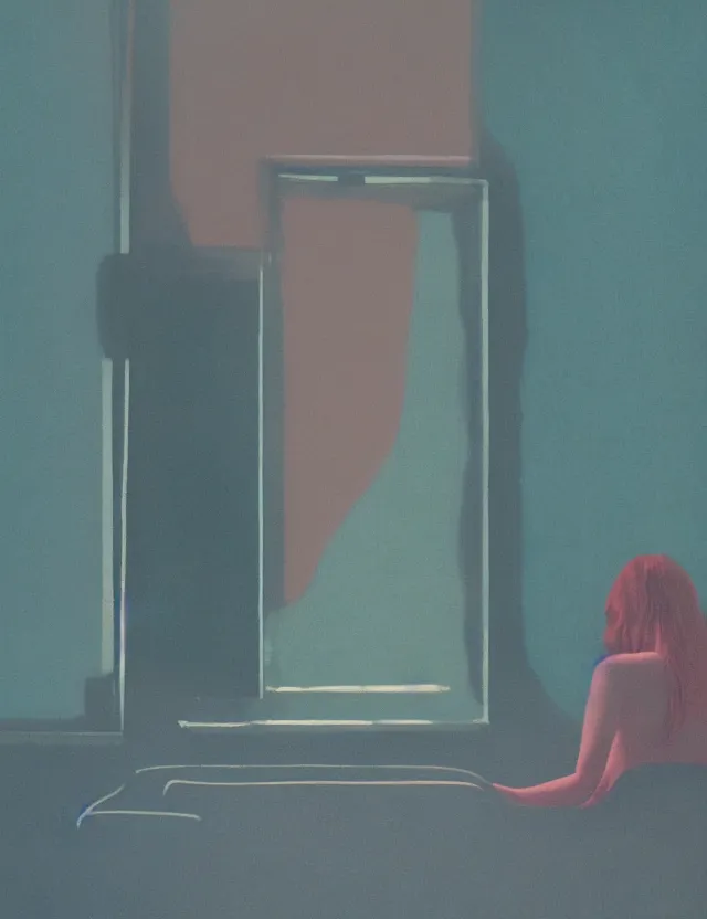 Image similar to woman in dark room sitting on a coach, blue rays from tv, redshift, wide shot, coloured polaroid photograph, pastel, kodak film, hyper real, stunning moody cinematography, by maripol, fallen angels by wong kar - wai, style of suspiria and neon demon, david hockney, detailed, oil on canvas