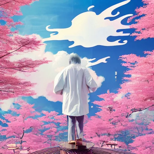 Image similar to a man walking on clouds away from the camera above kyoto by takashi murakami, beeple and james jean, aya takano color style, 4 k, super detailed, modern, 4 k, symmetrical