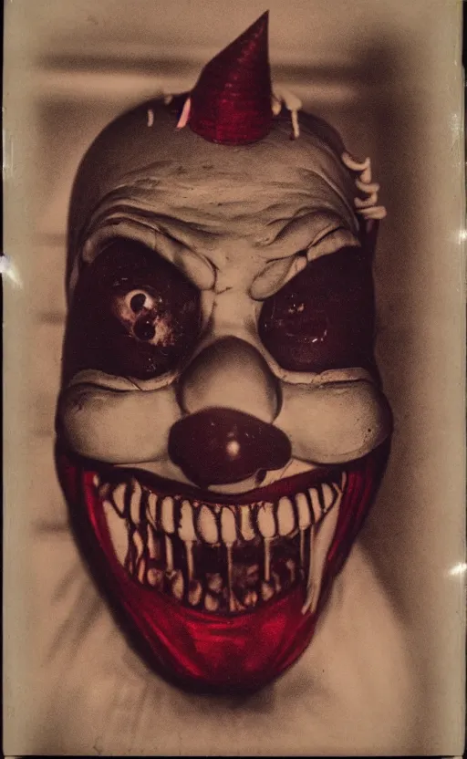 Image similar to an eerie polaroid photograph of a scary evil horrifying clown in the backrooms, nighttime, dimly lit, creepy hd 4k