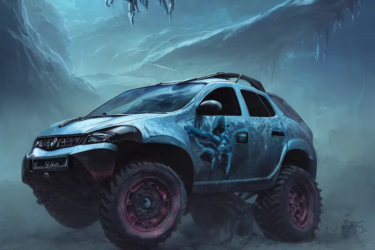 Prompt: a Dacia Logan as a monster truck, coriolios rpg art style, full of details, dark sci-fi, cold blue colors, matte painting, artstation, 8k, hyperrealistic, style of peter mohrbacher