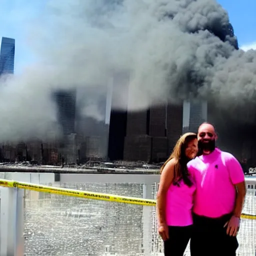 Image similar to a proud couple standing in front of 9 / 1 1 with pink smoke