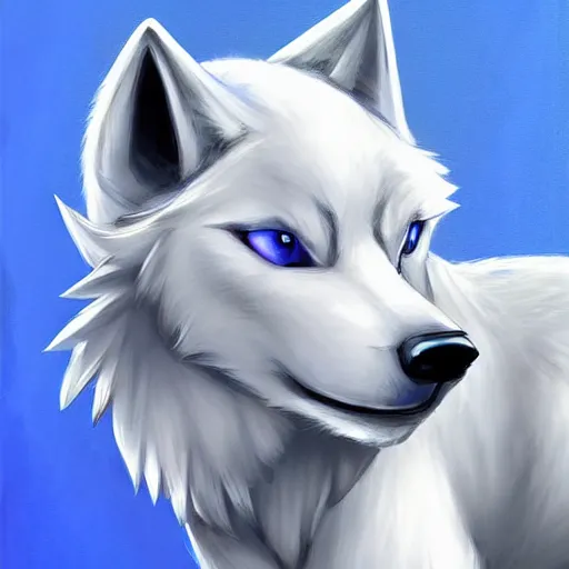 Image similar to furry ( fandom ) art of a cute anthropomorphic white wolf with blue accents and blue eyes, digital art, painting, trending on furaffinity, stylised, adorable