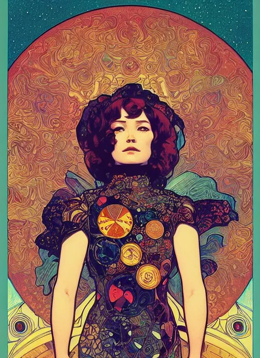 Image similar to fractal cosmonaut girl, poster art by Victor Moscoso Dan Mumford Kilian Eng Hannah Jeffrey Smith Rick Griffin Alphonse Mucha Gustav Klimt Ayami Kojima Amano Charlie Bowater