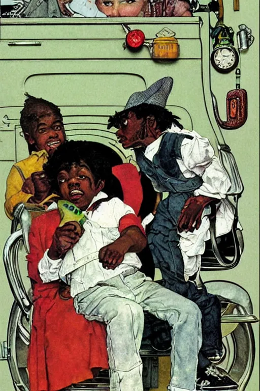 Image similar to Outkast, illustrated in whimsical style, Illustration by Norman Rockwell,