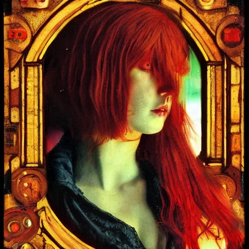 Image similar to redhead female cyberpunk punk in the style of john william waterhouse, kilian eng, rosetti, john everett millais, william holman hunt, 4 k photo autochrome