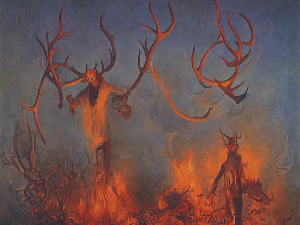 Image similar to devil with antlers burning with a flamethrower the lily. painting by mikalojus konstantinas ciurlionis, bosch, wayne barlowe, agnes pelton, rene magritte