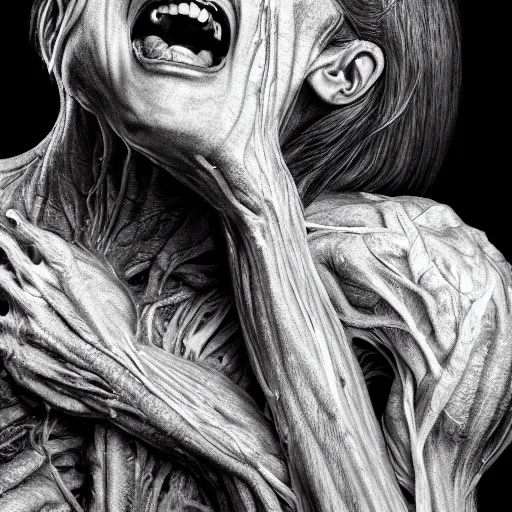 Prompt: female human screaming in pain while her skin crackles, arteries and bones and veins and nerves and muscles visible, beautiful detailed intricate insanely detailed octane render, 8K artistic photography, photorealistic, chiaroscuro, by David Cronenberg, Raphael, Caravaggio