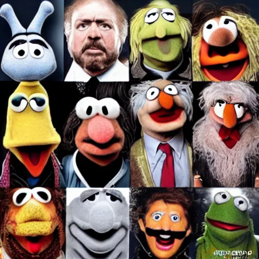Prompt: the cast of the muppets in the style of h. r. giger
