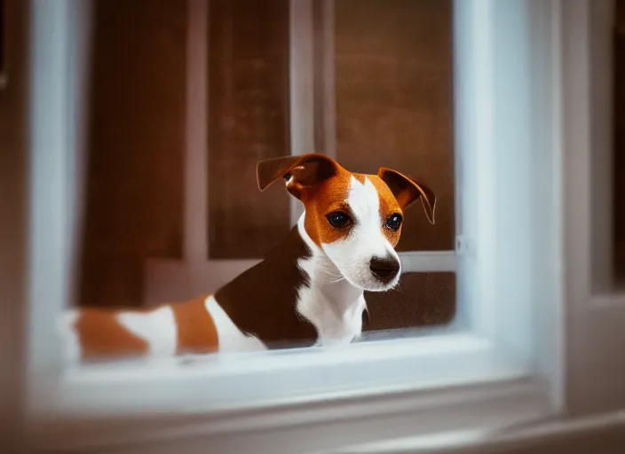 Image similar to photography of a Jack Russel . watching outside the window. on a bed. in a vintage room full of vinyls and posters.,volumetric light, photorealistic,, award winning photo, 100mm, sharp, high res