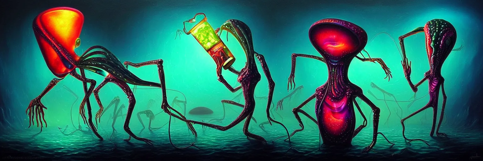 Image similar to strange alien plankton creatures from the depths of the collective unconscious, dramatic lighting, surreal darkly colorful painting by ronny khalil