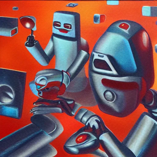Prompt: robots dream of silicon heaven, surreal, oil painting, burnt edges