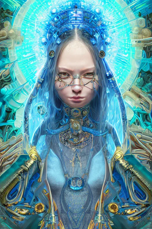 Prompt: Portrait of a psychedelic sci-fi shaman, third person, D&D, sci-fi fantasy, intricate, blue and gold, highly detailed , art by Range Murata, highly detailed, 3d, octane render, bright colors, digital painting, trending on artstation, sharp focus, illustration style of Stanley Artgerm,