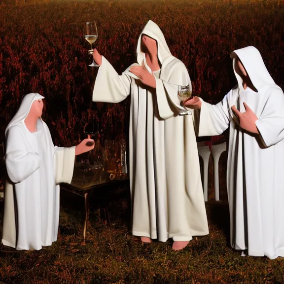 Prompt: Christan cult robed figures drinking wine and mushrooms