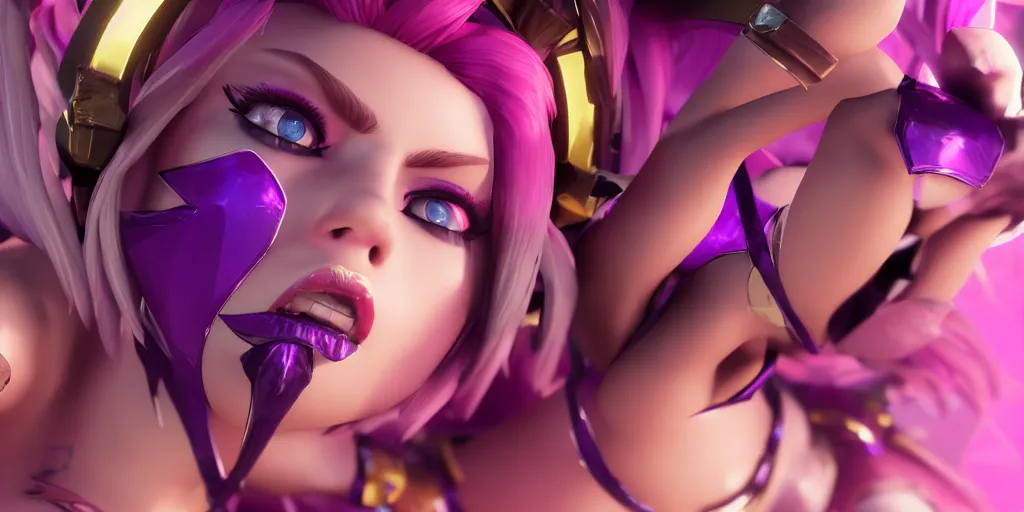 Image similar to still of pretty KDA More Miss Fortune (wild rift) close up in KDA More music video. 3d render, octane render, game art, realistic, highly detailed, trending on artstation, 4k, trending on artstation, pixar, cgsociety, unreal engine 5, redshift render, trending on artstation, blender, behance, cg